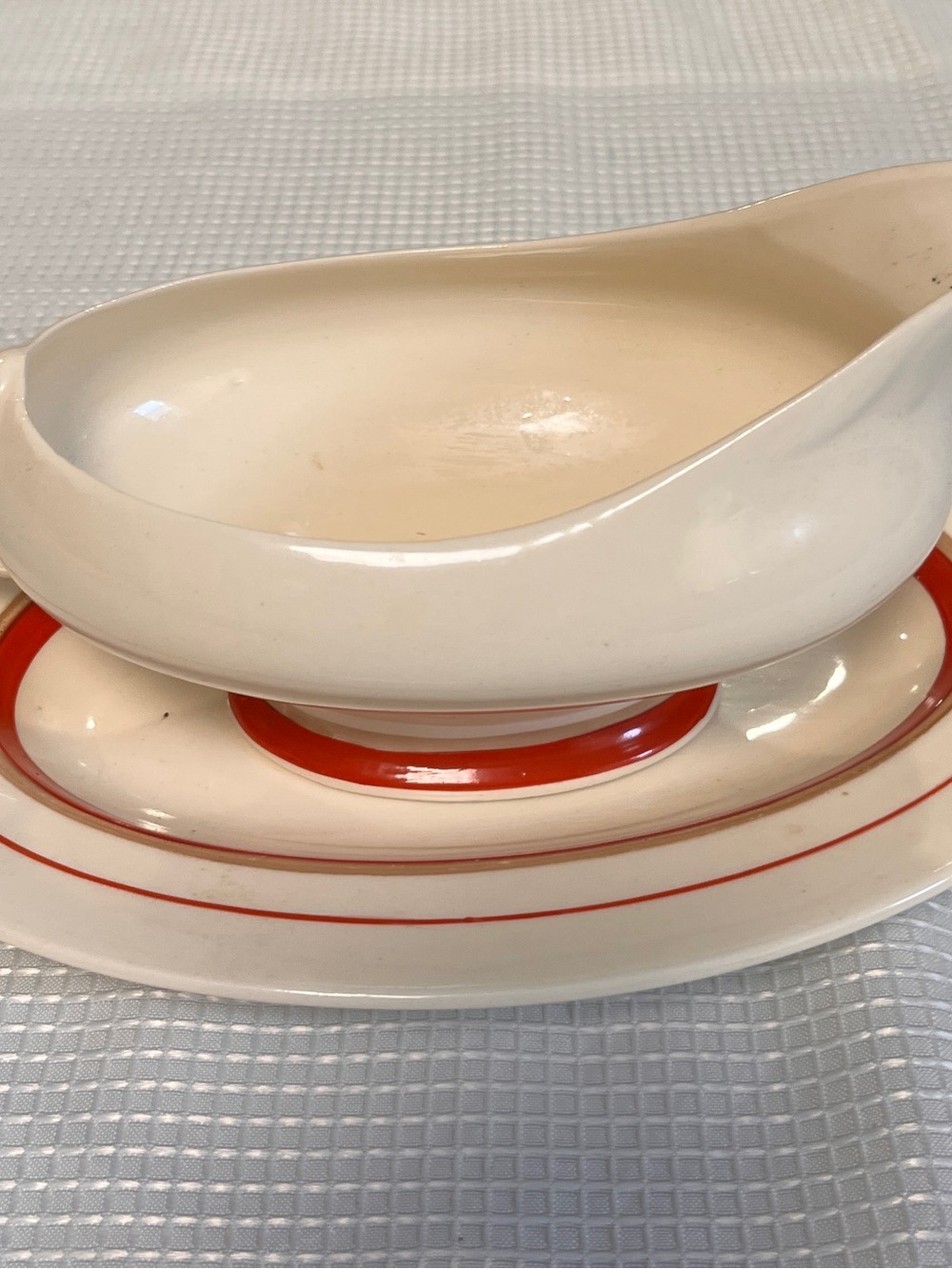 White and red Ceramic Gravy Boat with Underplate